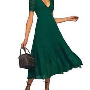 Reformation 4 Emerald Green Ruched Deep V Dress